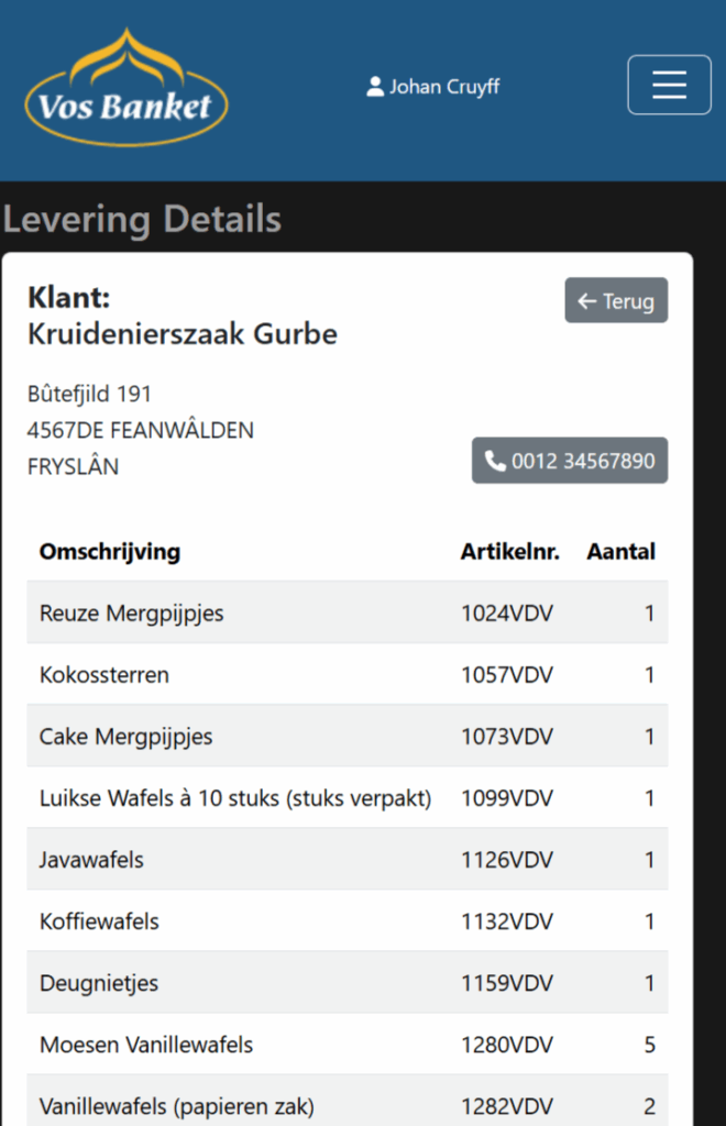 Delivery information with item list, created with Delivery App of B1Fox, combined with Produmex
